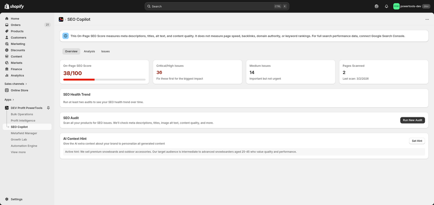 SEO Copilot overview showing an on-page SEO score of 38/100, 36 critical or high issues, 14 medium issues, and a Run New Audit button with an AI context hint for the brand.